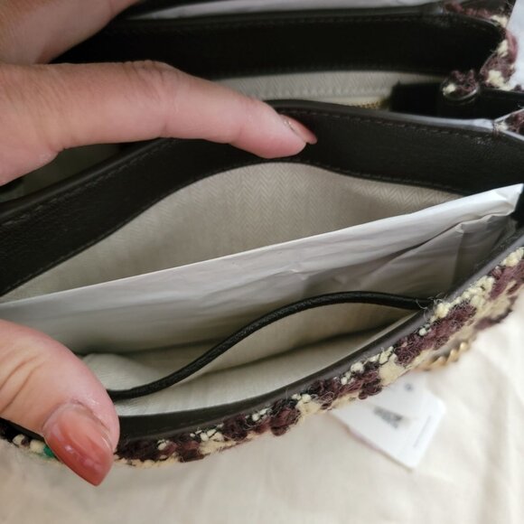 Tory Burch Fleming Tweed Convertible Shoulder Bag Brown Butter Yellow Designer - Picture 9 of 14